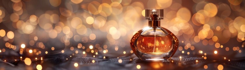 Elegant perfume bottle with golden bokeh lights background. Showcasing luxury fragrance and exquisite design with shimmering highlights.