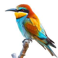 Bee-eater bird, Merops apiaster, vibrant colorful bird, portrait, close-up, isolated on white