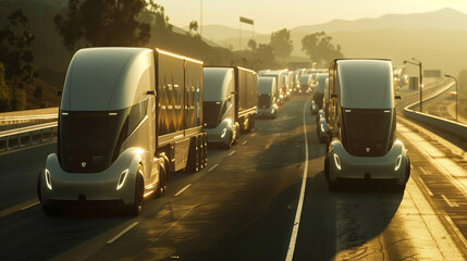 A fleet of sleek, avant-garde trucks gracefully sweep across a bustling highway, their autonomous self-driving systems flawlessly engaged. Generative AI.