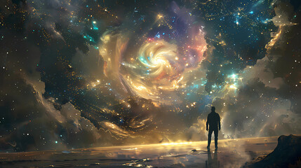 Man stands on the edge of the galaxy, Life Force Energy, Spirituality and Expanded Awareness, Consciousness and awakening	