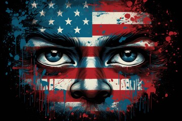 Persons face combined with an image of the USA flag, artistic close-up depiction of Independence Day