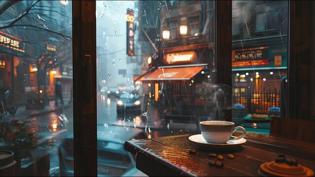 A lofi view of hot Cup of coffee on Table against city street view from window in Rain - Loop Music Video Wallpaper Template
