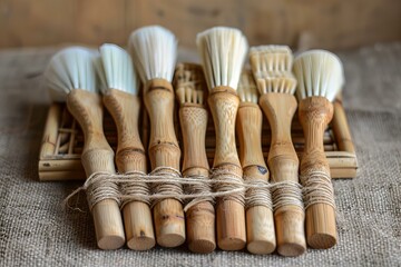 Various paint brushes on table