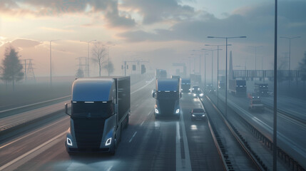 A fleet of sleek, avant-garde trucks gracefully sweep across a bustling highway, their autonomous self-driving systems flawlessly engaged. Generative AI.