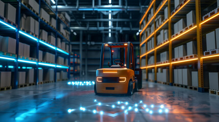 Forklift doing storage in warehouse by artificial intelligence automation. Robotics applied to industrial logistics. Generative AI.