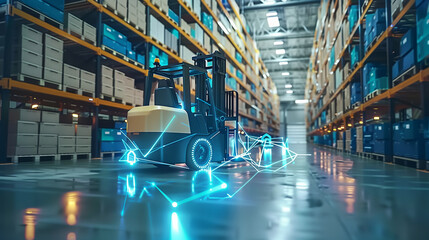 Forklift doing storage in warehouse by artificial intelligence automation. Robotics applied to industrial logistics. Generative AI.