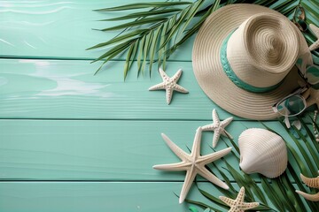 Hat sunglasses starfish palm leaves turquoise wooden table