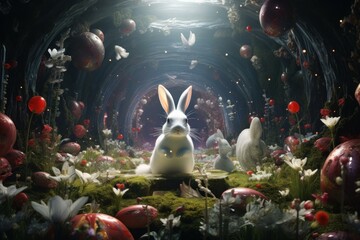 Discover the enchanted and mystical forest bunny wonderland with glowing rabbits and floating orbs. A magical fantasy wonderland with ethereal wildlife. Surreal light effects. And vibrant colors