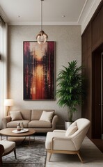 gray and marble luxury living room interior with sleek furniture and a vertical garden