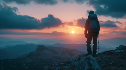 Man with mountain equipment at the top of a mountain looking at the sunset with blue tones. Generative AI.