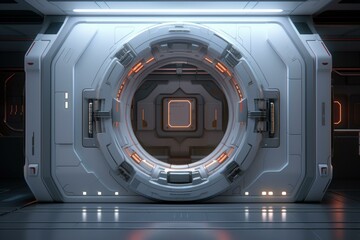 Highly detailed image of a closed sci-fi hatch with glowing elements in a spacecraft corridor