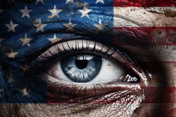 Persons eye combined with an image of the USA flag, artistic close-up depiction of Independence Day