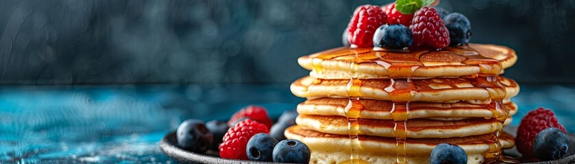 Stack of fluffy pancakes with fresh berries and syrup on a plate. Delicious breakfast food with blueberries and raspberries.