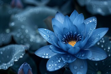 Blue flower with water droplets in pond