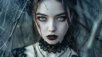 Striking portrait of a gothic woman with dramatic makeup and dark attire.