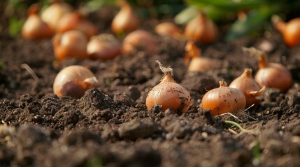 Closeup photograph of onions in the ground