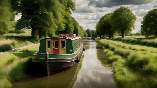 A narrowboat is traveling along a canal surrounded by greenery and trees