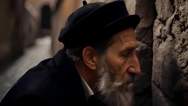 Jewish orthodox man in prayer, old jew in black praying near stone wall, spiritual reflection and tradition, seemless loop	