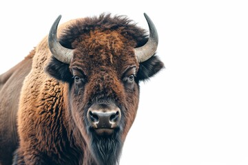 Mystic portrait of American Bison, copy space on right side, Anger, Menacing, Headshot, Close-up View Isolated on white background