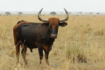 Brown cow with horns in field