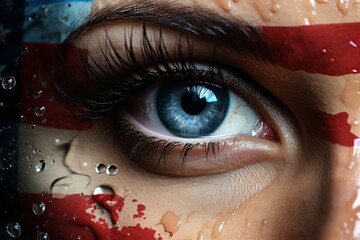 Human eye with color accents in the colors of the US flag,close-up depiction of Independence Day