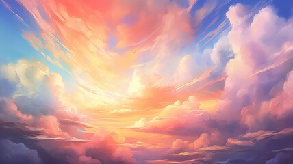 Digital artwork of vibrant sunset cloudscape. Fantasy art concept with pink and blue hues. An artistic picture of fantasy twilight skyscapes with blue, pink and yellow painted with watercolor. AIG35.
