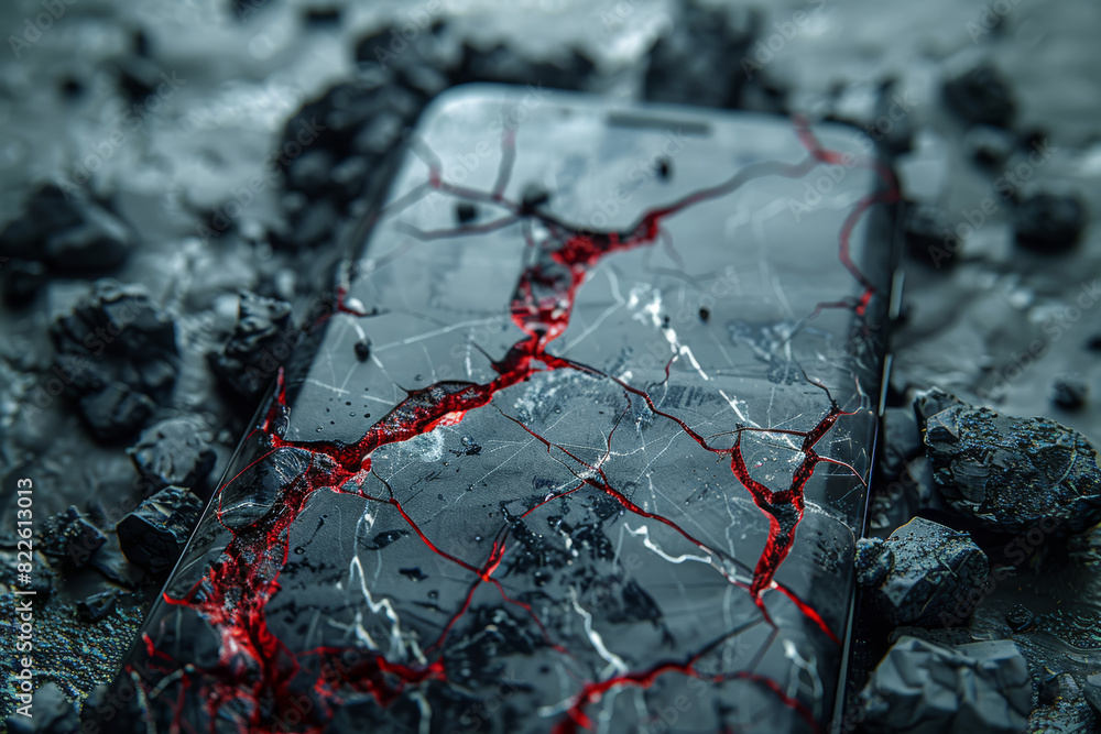 Poster a cracked smartphone screen, reflecting the fragility of modern communication systems. concept of te
