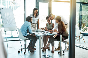 Woman, business and diversity in boardroom for meeting or presentation, manager or leader with collaboration. Female person and colleagues in office for planning or teamwork, discussion for strategy