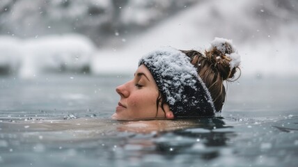 Fototapeta premium Woman sitting in icy lake. Cold plunge.