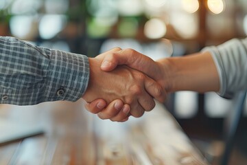 Two people shaking hands over a wooden table