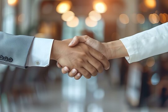 Two people shake hands in a lobby