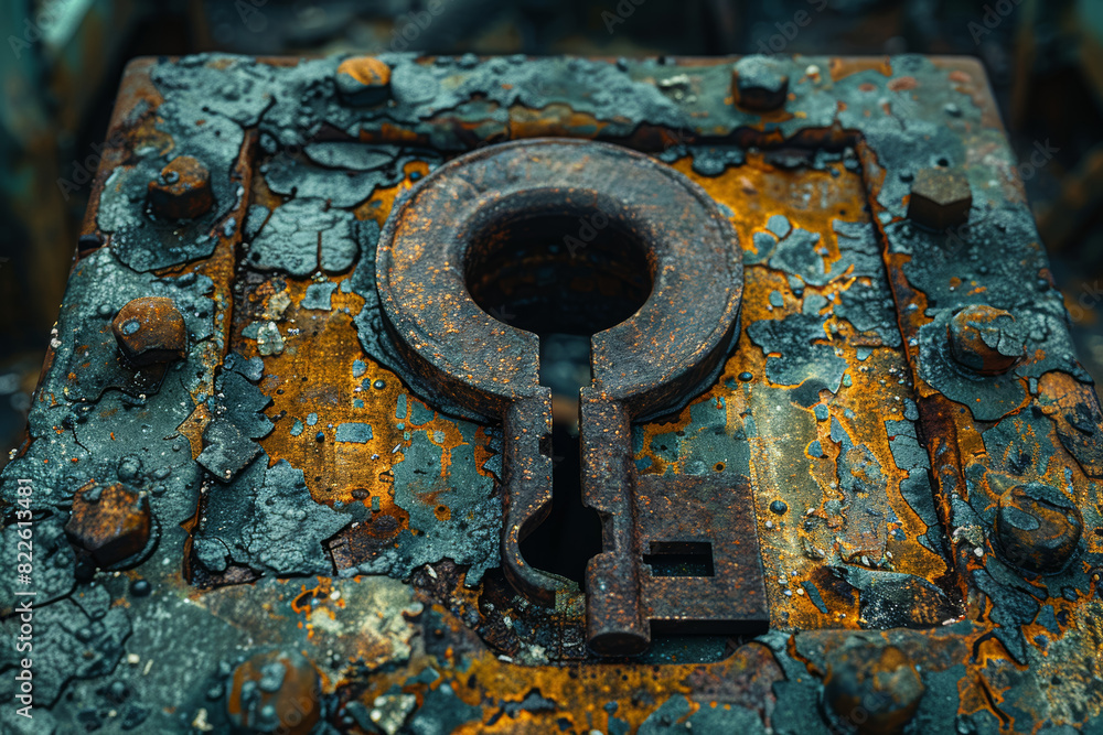 Poster a rusted key stuck in a corroded lock, signifying the inability to unlock solutions to ongoing probl
