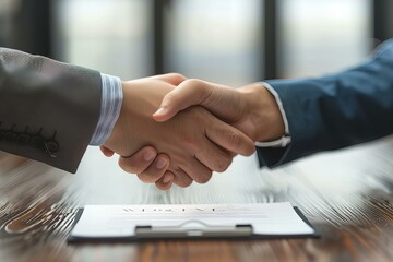 Two men shaking hands over a document