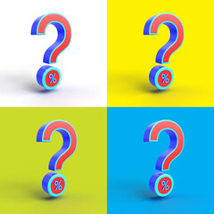 3d rendering question mark and percent symbol. question mark concept on yellow, green, blue...