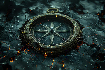 A broken compass needle spinning aimlessly, symbolizing the loss of direction and guidance. Concept of leadership crisis and strategic ambiguity. Generative Ai.