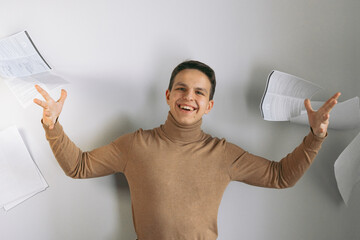 Successful employee businessman hold paper documents look camera
