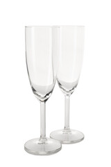 Beautiful champagne glasses on white background