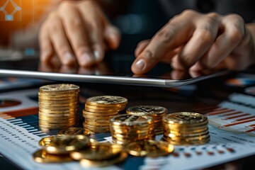 Person using tablet with stacks of coins on table