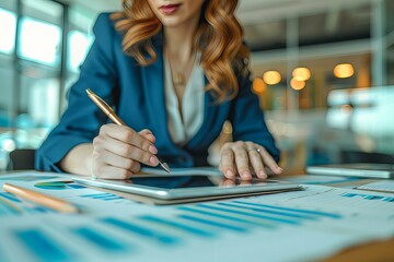 Fototapeta premium Woman in blue jacket using tablet and pen