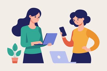 Two women standing side by side, engaged in conversation while using laptops, two women chatting using mobile phones and laptops, Simple and minimalist flat Illustration