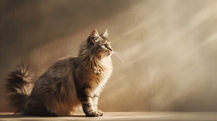 Majestic Norwegian Forest Cat Posing Gracefully on Minimalist Light Brown Background