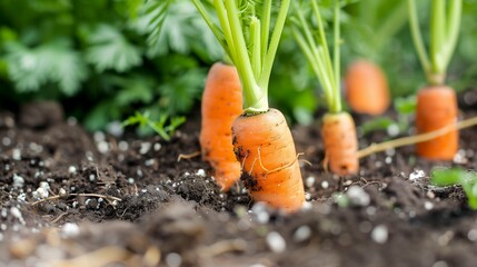 Closeup photograph of carrots in the ground