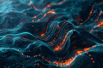 3D depiction of cyber security space with waves digital technology space, data visualization 