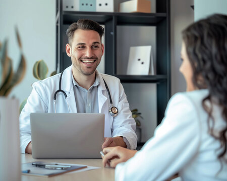 
A happy and nice male doctor in a hospital room, showing test results on a computer screen and talking with a young woman patient.