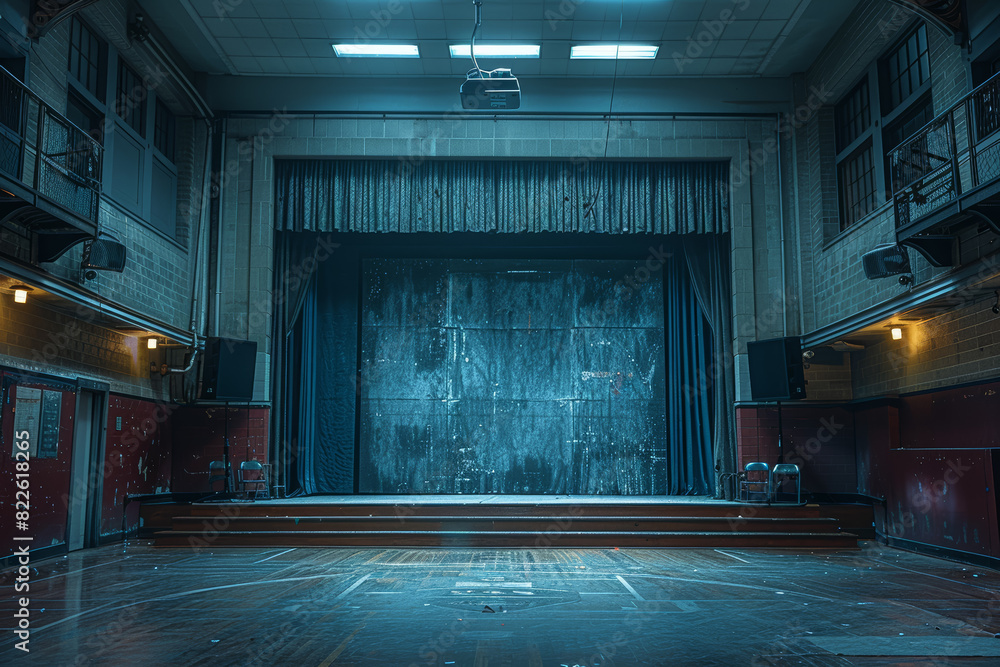 Poster a makeshift stage set up in the gymnasium for end-of-year performances and talent shows, showcasing 