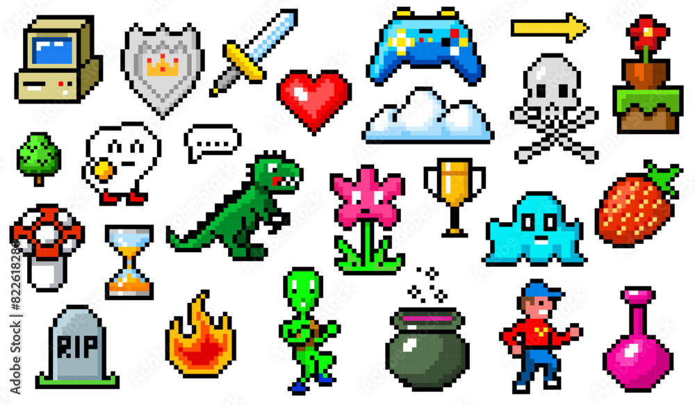 Poster pixel art 8 bit objects. retro game assets. set of icons. vintage computer video arcades. characters
