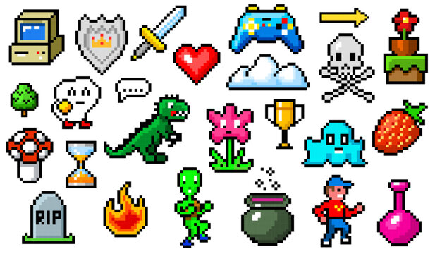 Pixel art 8 bit objects. Retro game assets. Set of icons. Vintage computer video arcades. Characters and coins, Winner's trophy. Vector illustration.