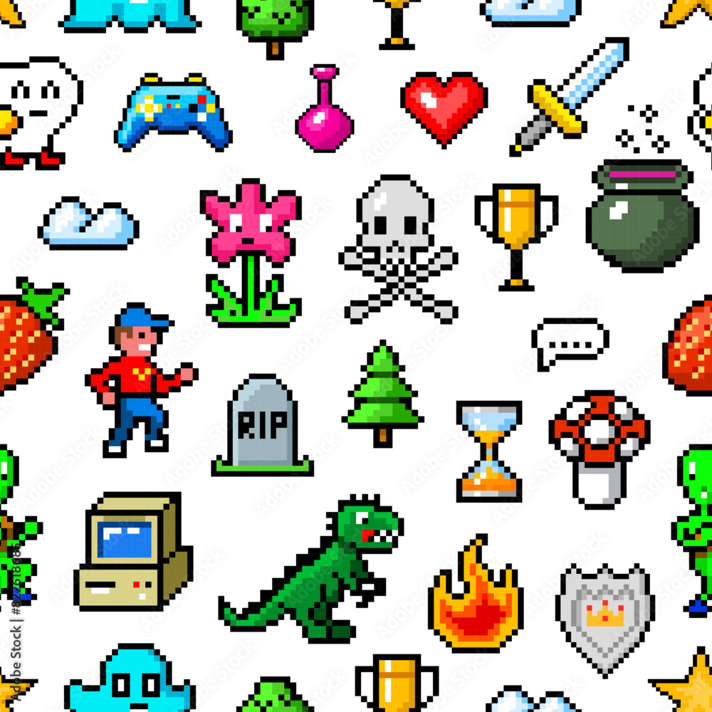 Poster pixel art 8 bit objects. seamless pattern. retro game assets. set of icons. vintage computer video a