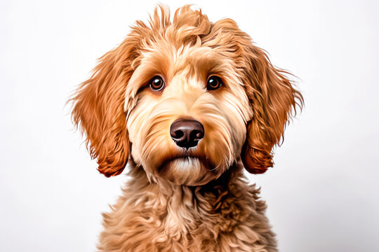 labradoodle in studio setting against white backdrop, showcasing their playful and charming personalities in professional photoshoot.