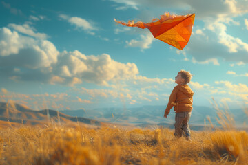 A child chasing after a colorful kite in a wide-open field, filled with the joy of youthful exuberance. Concept of innocence and playfulness. Generative Ai.